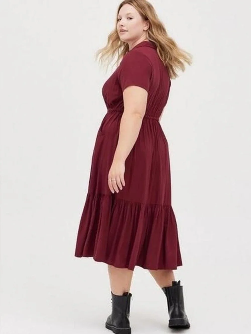 Torrid Burgundy Button Front Tiered Midi Shirt Dress Plus Size 2 Business Casual